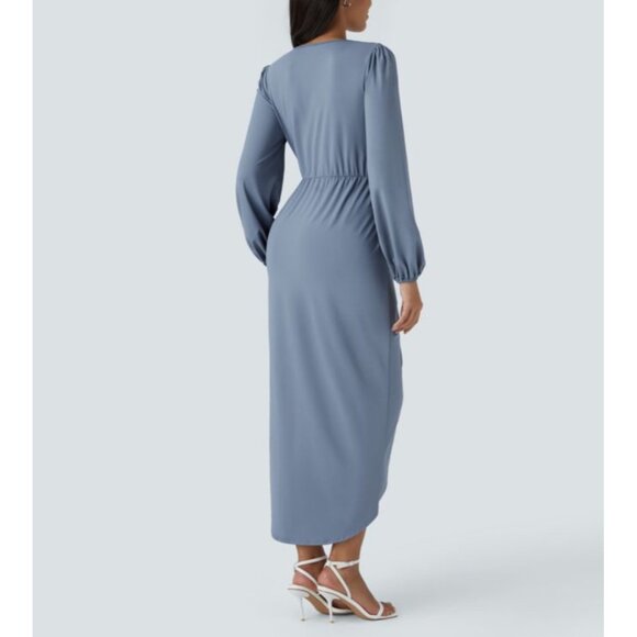 Halara V Neck Long Sleeve Tulip Hem Midi Dress Sz Medium Blue Womens - Picture 2 of 16